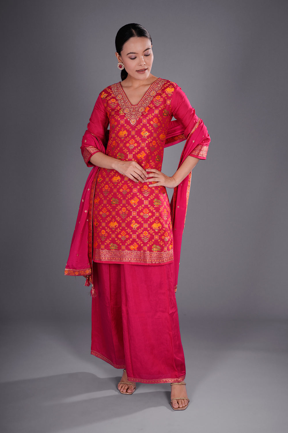 Rani Pink Chinon Kurta Set with Banarasi-Inspired Weaving