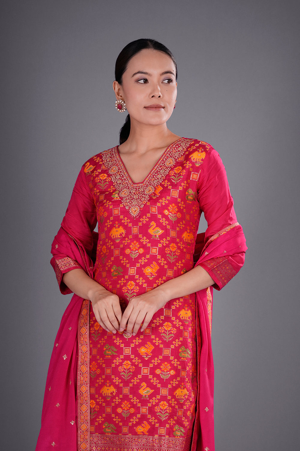 Rani Pink Chinon Kurta Set with Banarasi-Inspired Weaving
