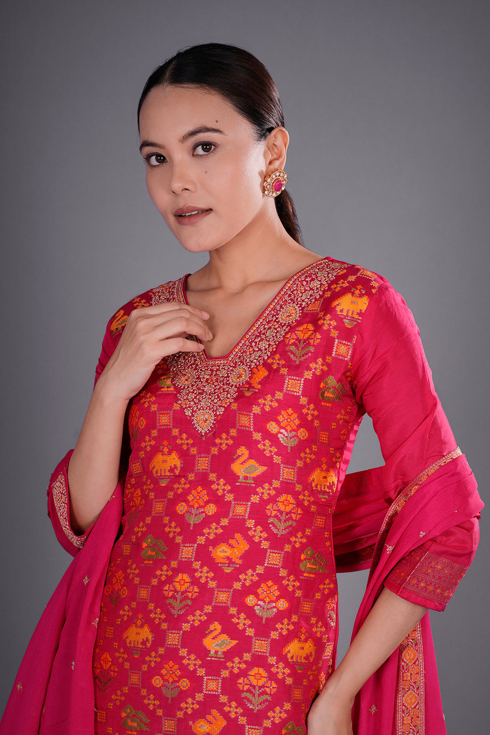 Rani Pink Chinon Kurta Set with Banarasi-Inspired Weaving