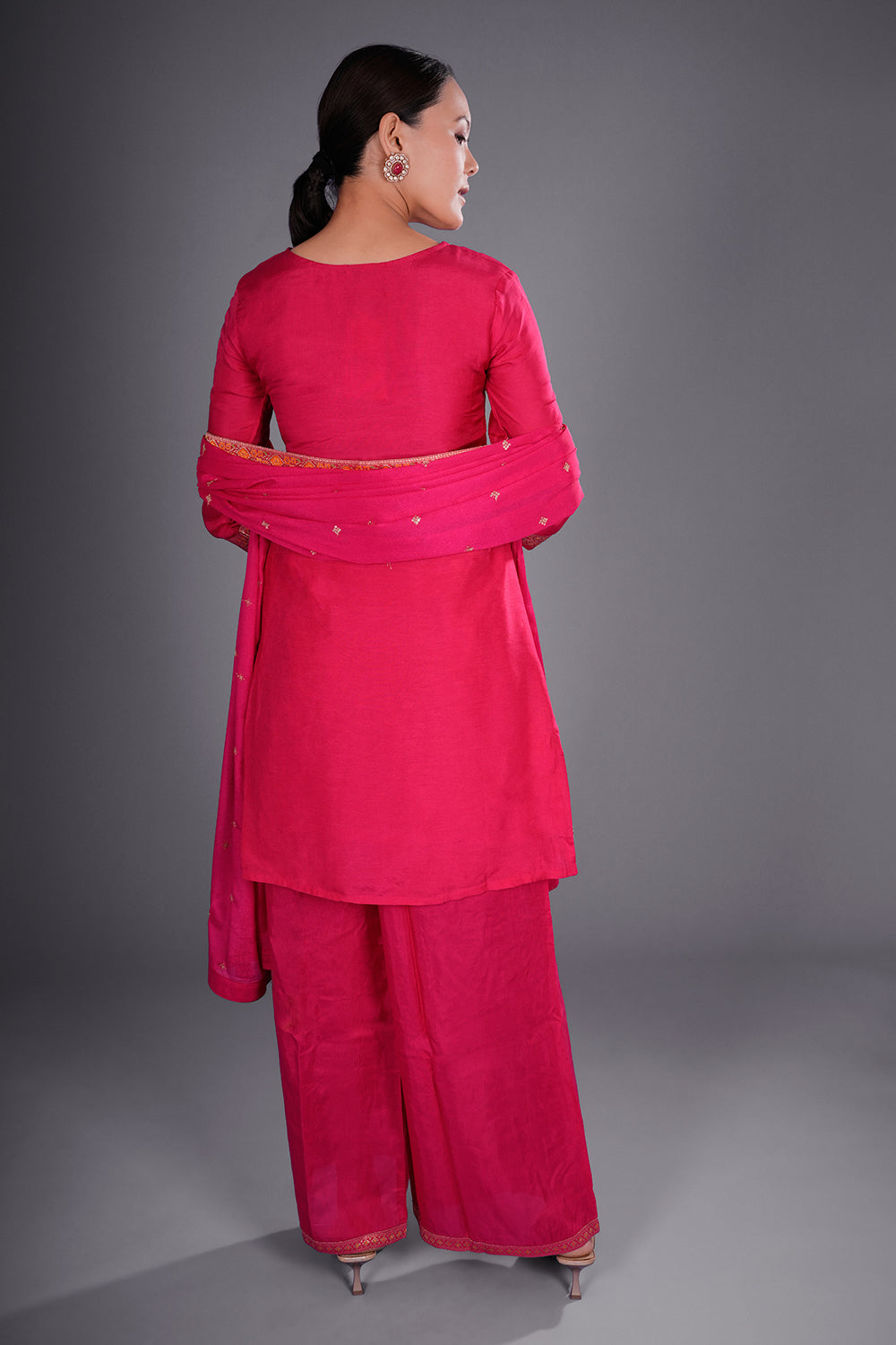 Rani Pink Chinon Kurta Set with Banarasi-Inspired Weaving