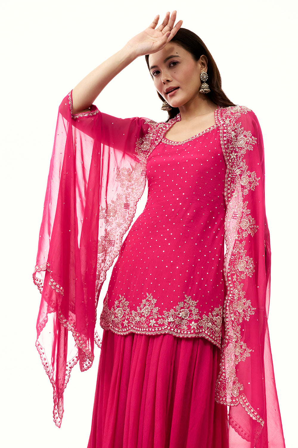 Rani Pink Chinon Palazzo Set with Cape and Handwork