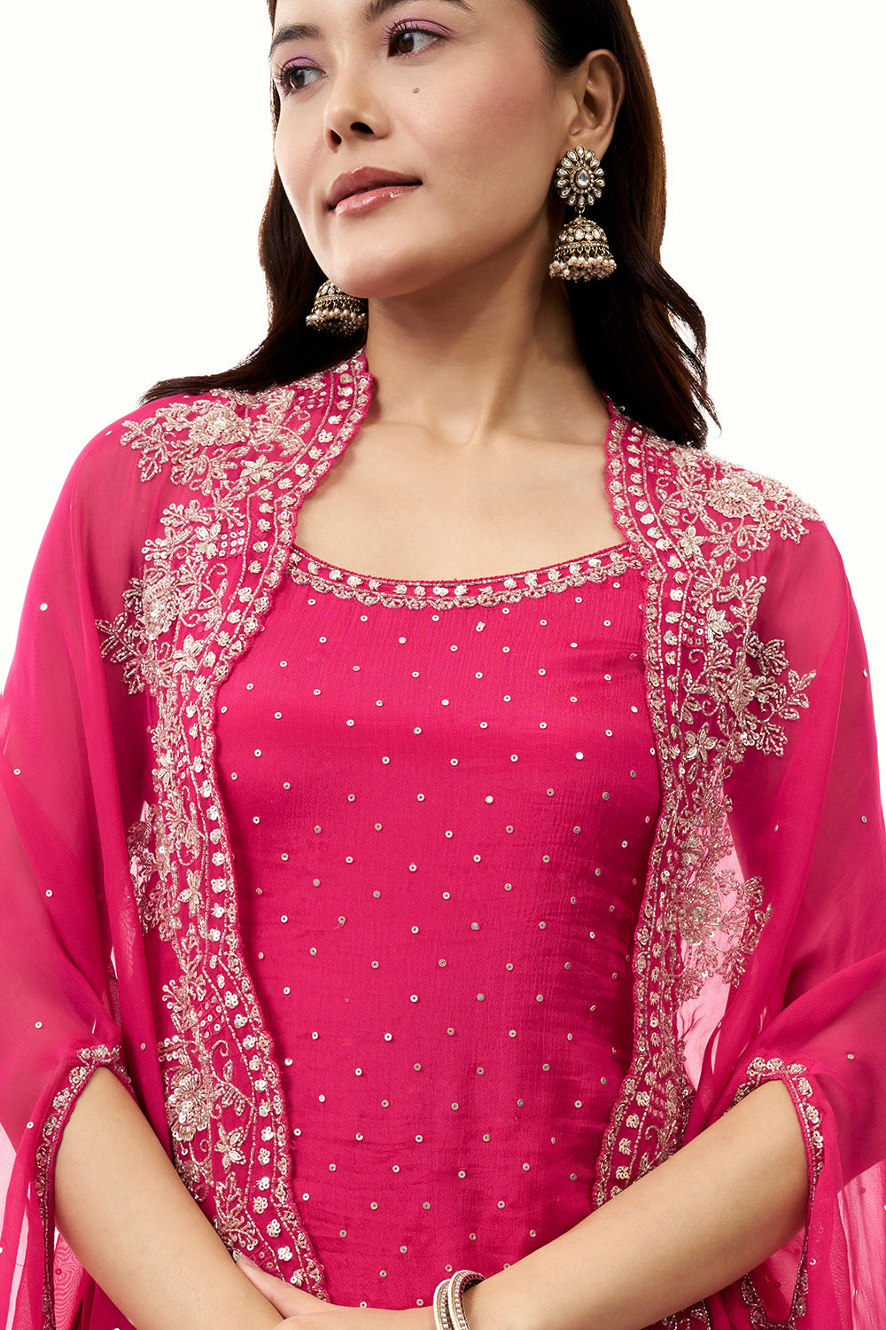 Rani Pink Chinon Palazzo Set with Cape and Handwork