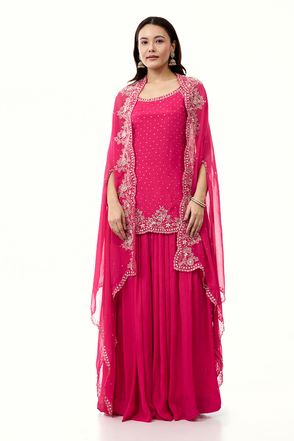 Rani Pink Chinon Palazzo Set with Cape and Handwork