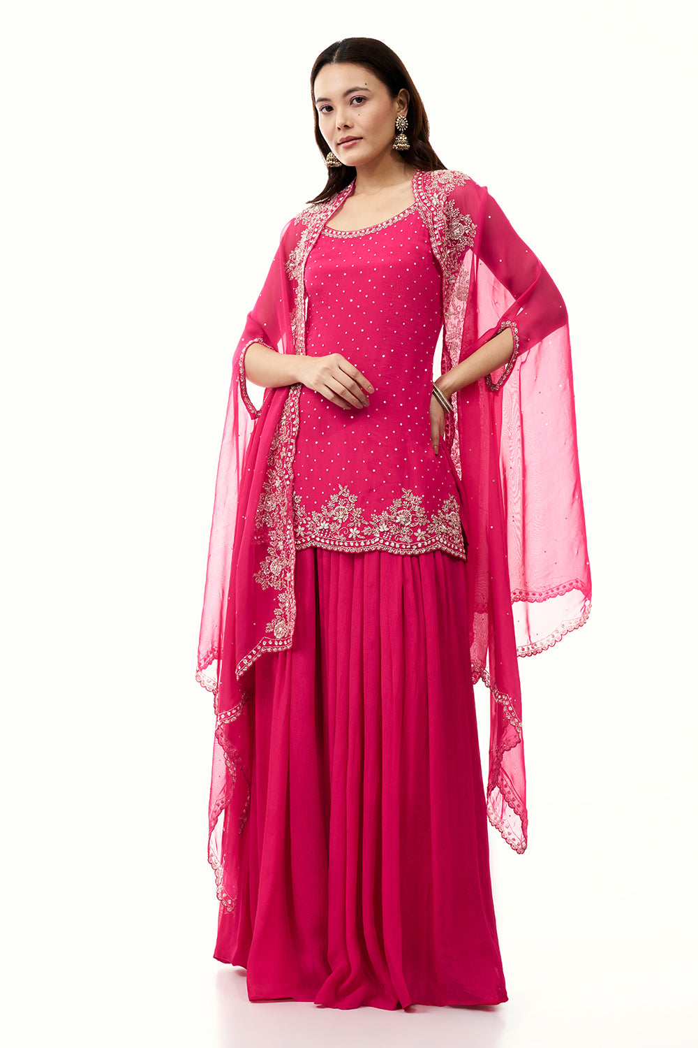 Rani Pink Chinon Palazzo Set with Cape and Handwork