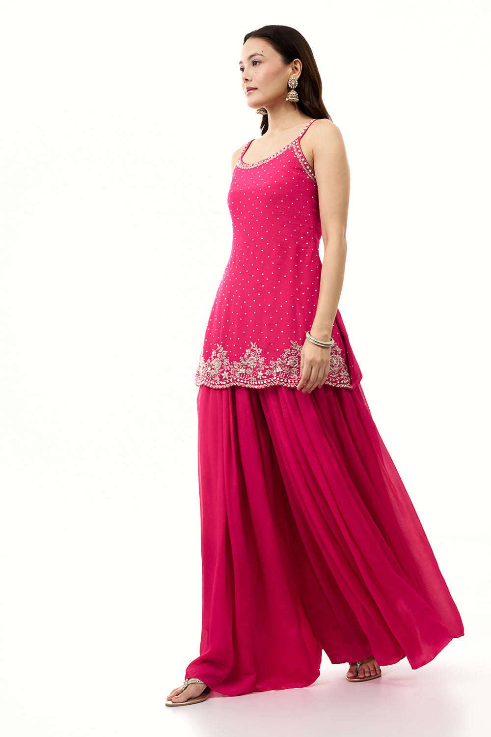 Rani Pink Chinon Palazzo Set with Cape and Handwork