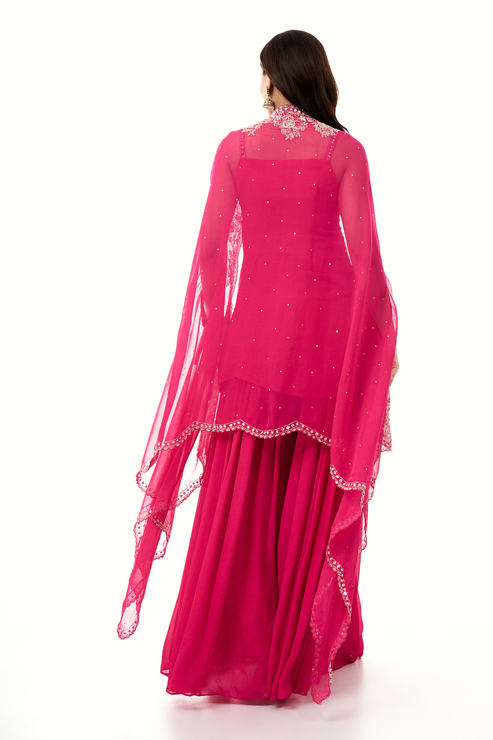 Rani Pink Chinon Palazzo Set with Cape and Handwork