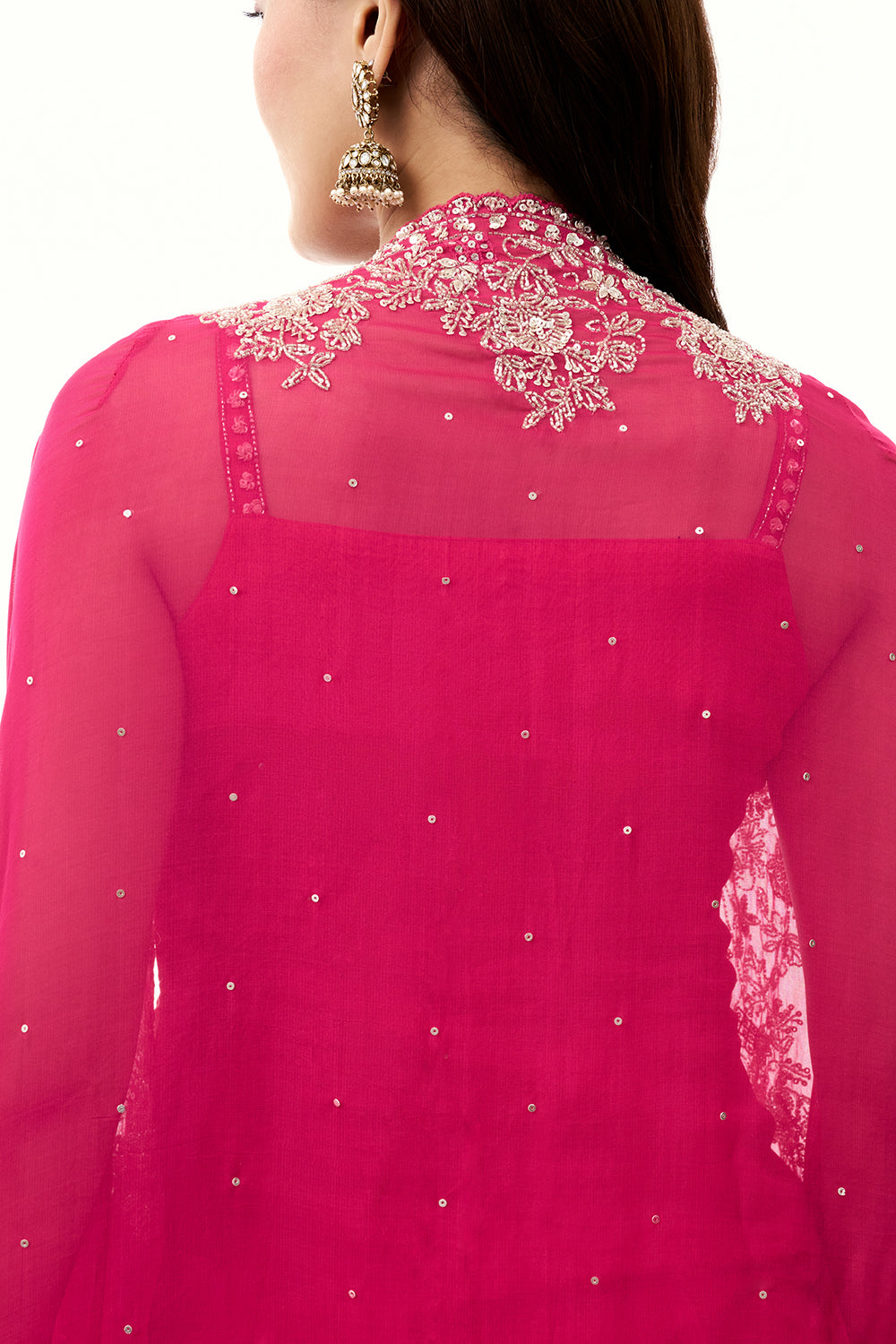 Rani Pink Chinon Palazzo Set with Cape and Handwork