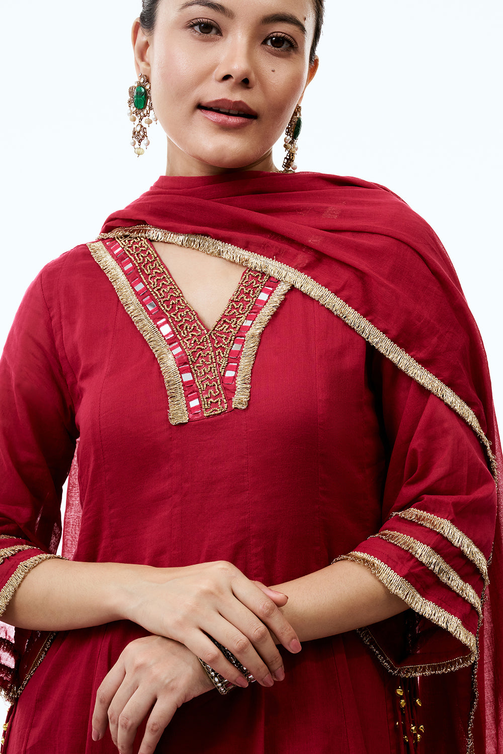 Rani Pink Cotton Semi-Anarkali Set with Gold Beads and Resham Embroidery