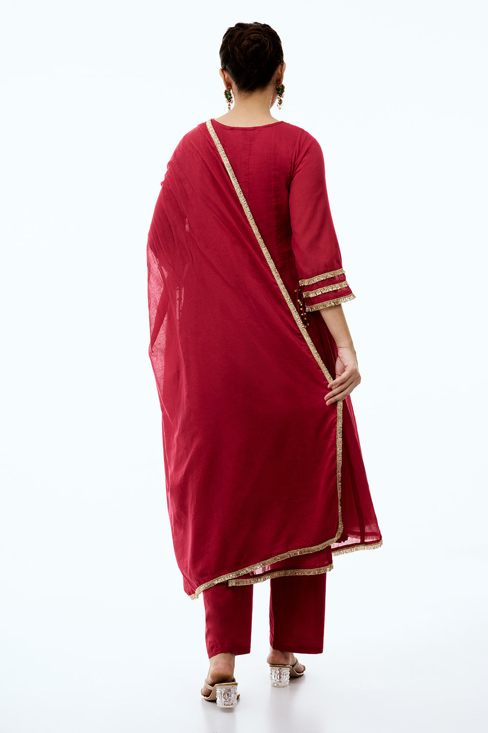 Rani Pink Cotton Semi-Anarkali Set with Gold Beads and Resham Embroidery