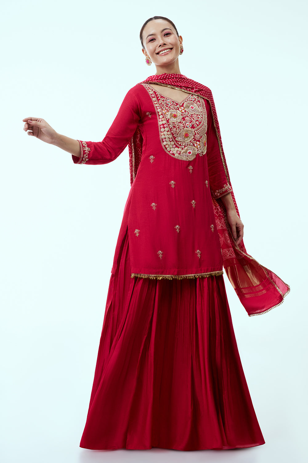 Rani Pink Cotton Silk Long Top and Skirt Set with Zardosi Work and Satin Bandhani Dupatta