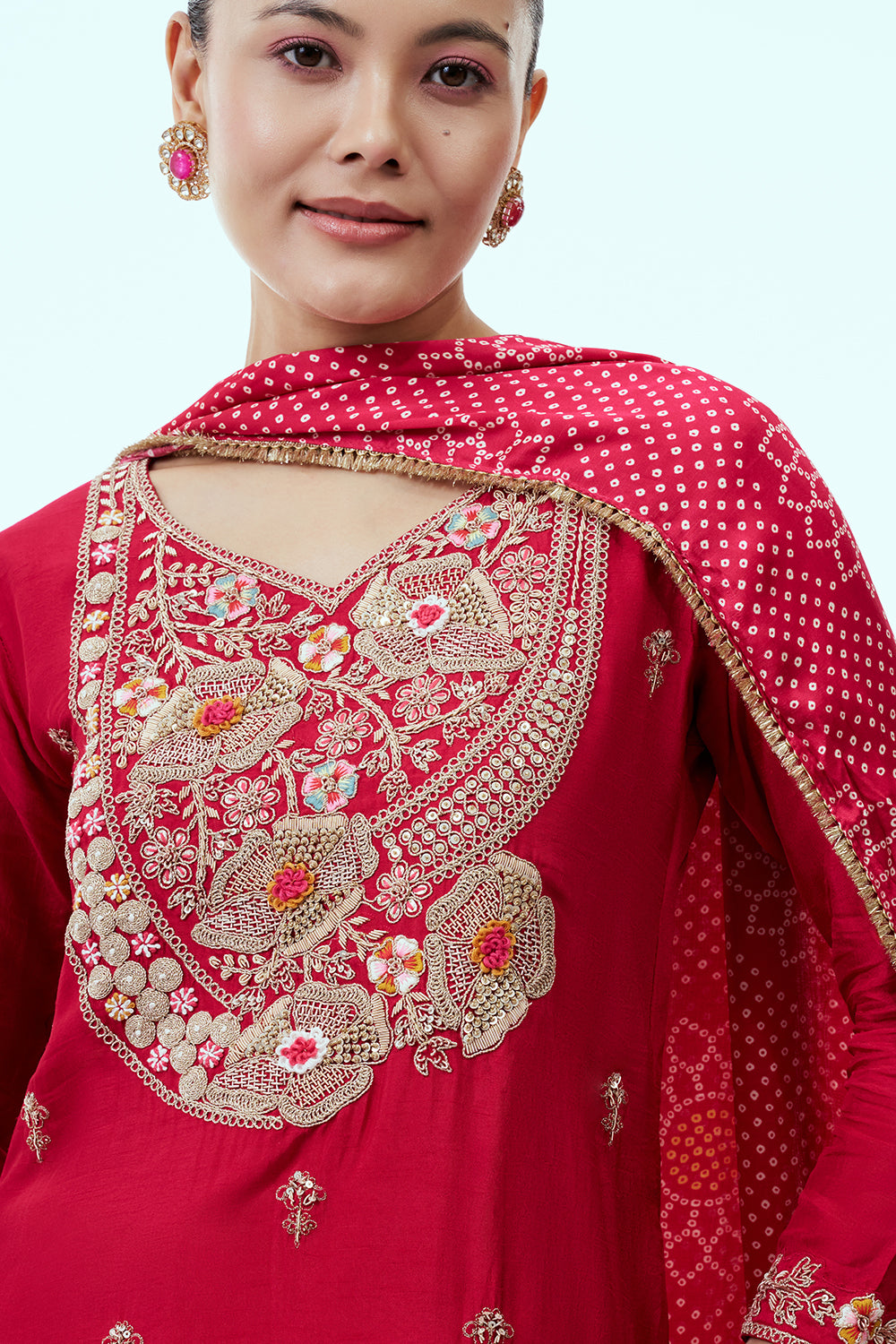 Rani Pink Cotton Silk Long Top and Skirt Set with Zardosi Work and Satin Bandhani Dupatta