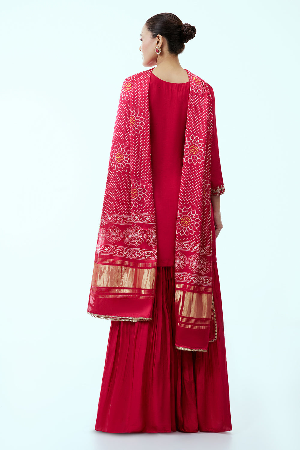 Rani Pink Cotton Silk Long Top and Skirt Set with Zardosi Work and Satin Bandhani Dupatta