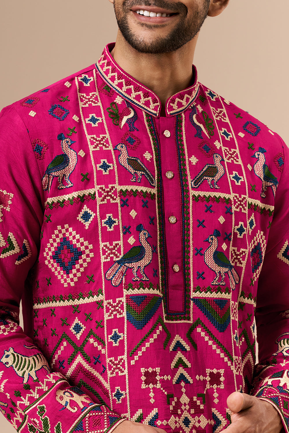 Rani Pink Cotton Silk Mens Kurta Set with Multicolour Thread Work