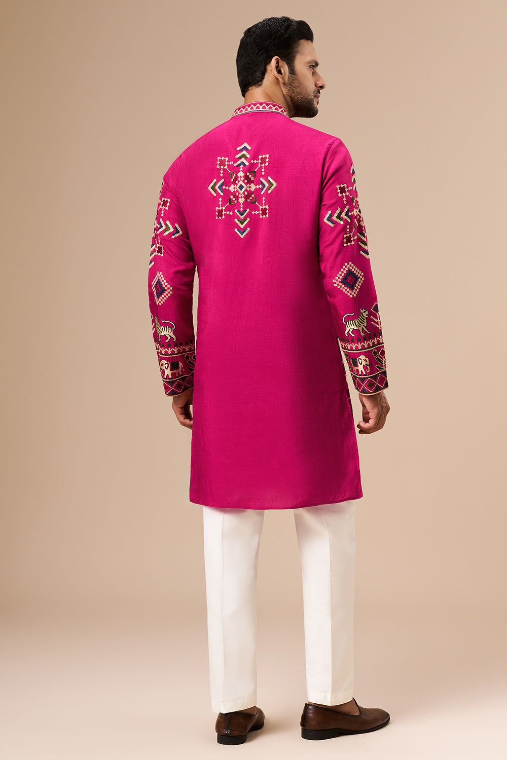 Rani Pink Cotton Silk Mens Kurta Set with Multicolour Thread Work
