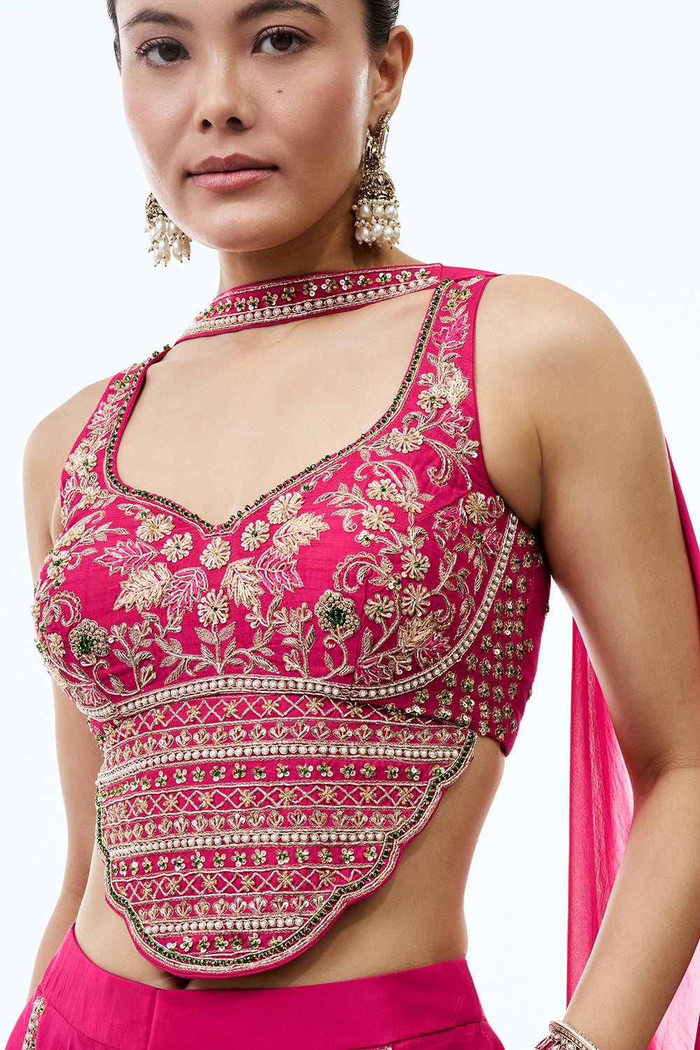 Rani Pink Crepe Assymetrical Indo Western Set with Pearl and Zardosi Work