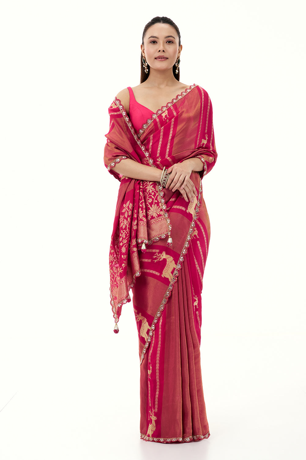 Rani Pink Crepe Brocade Woven Saree with Mirror and Cutdana Work