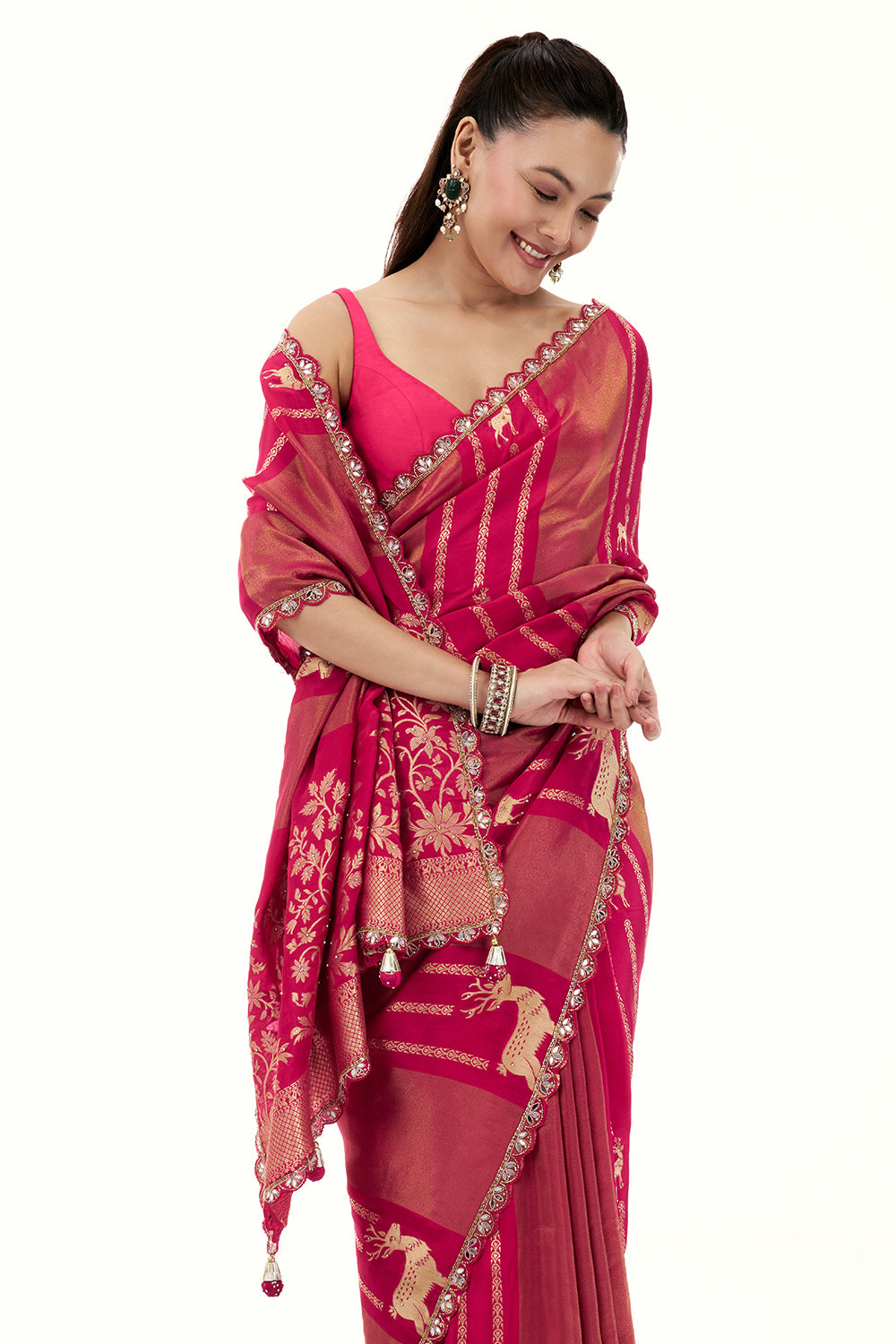 Rani Pink Crepe Brocade Woven Saree with Mirror and Cutdana Work