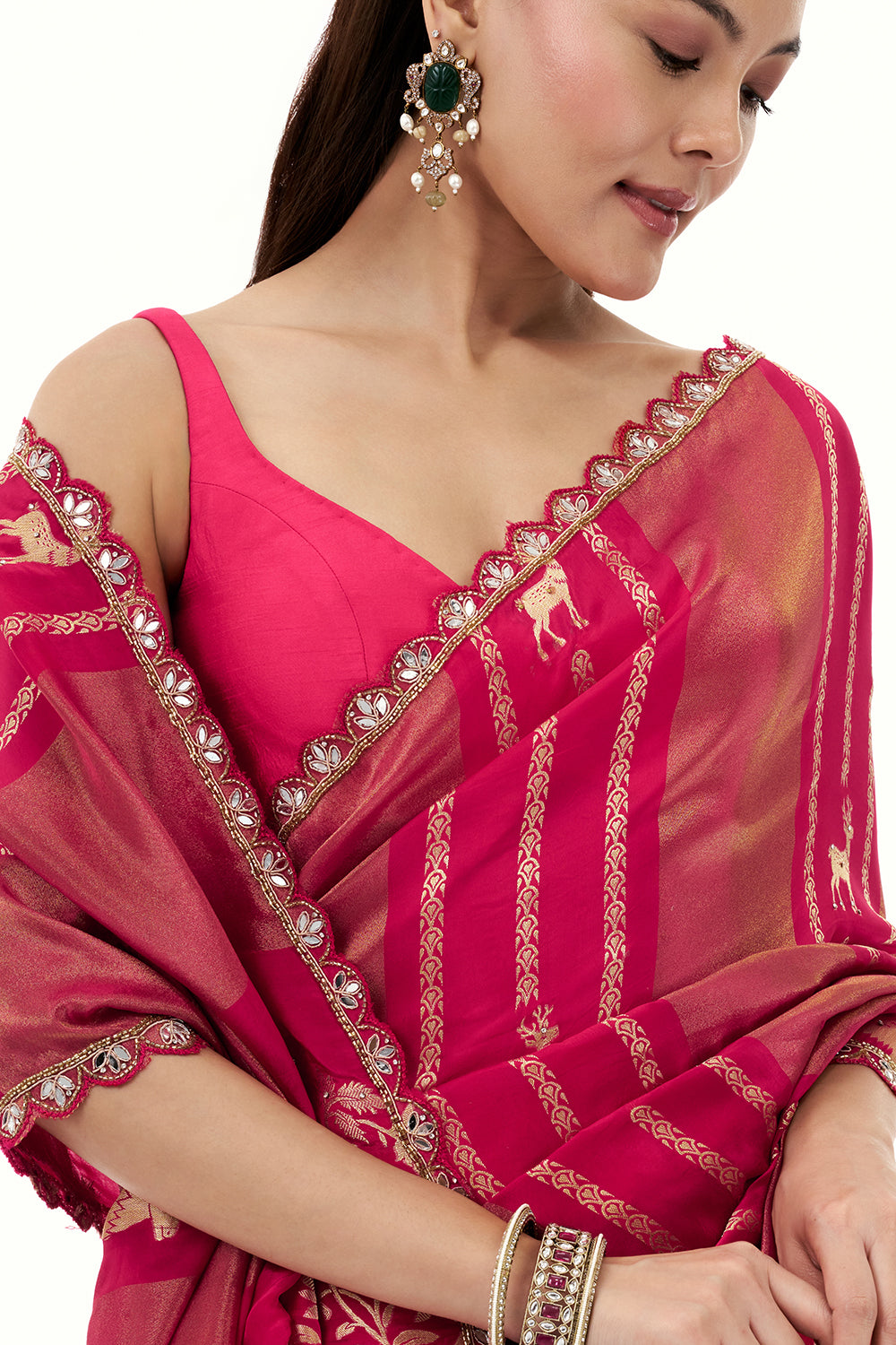 Rani Pink Crepe Brocade Woven Saree with Mirror and Cutdana Work