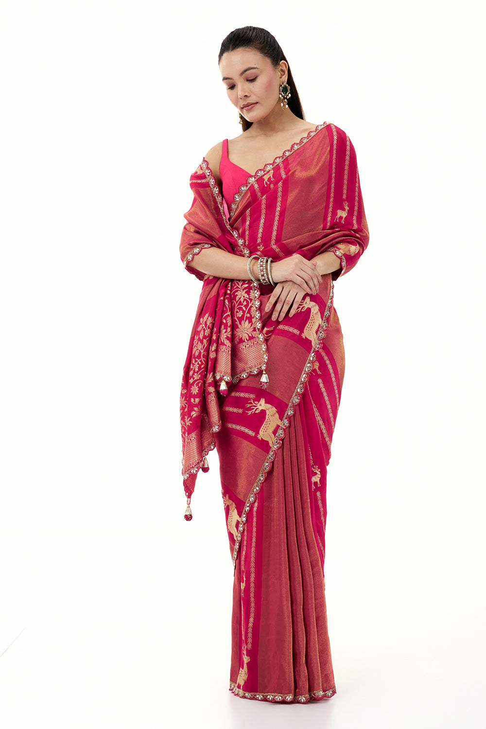 Rani Pink Crepe Brocade Woven Saree with Mirror and Cutdana Work