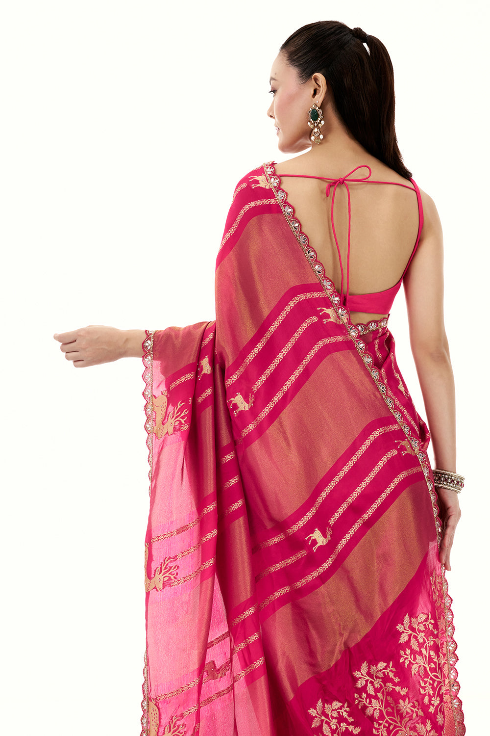 Rani Pink Crepe Brocade Woven Saree with Mirror and Cutdana Work