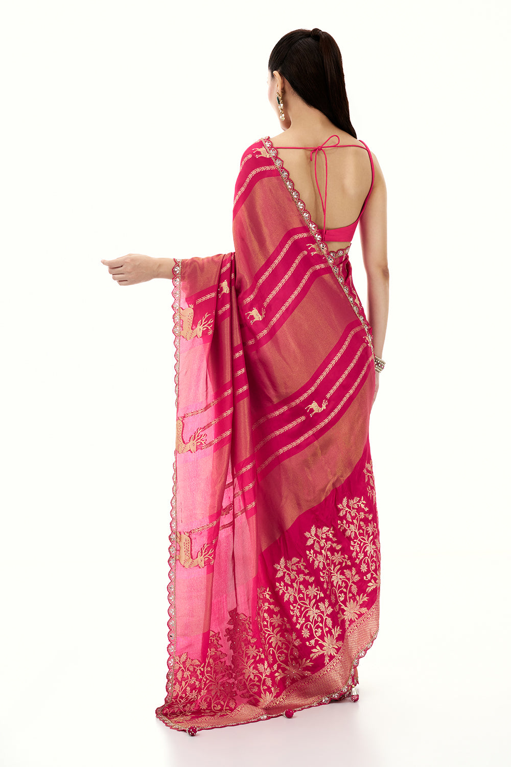 Rani Pink Crepe Brocade Woven Saree with Mirror and Cutdana Work