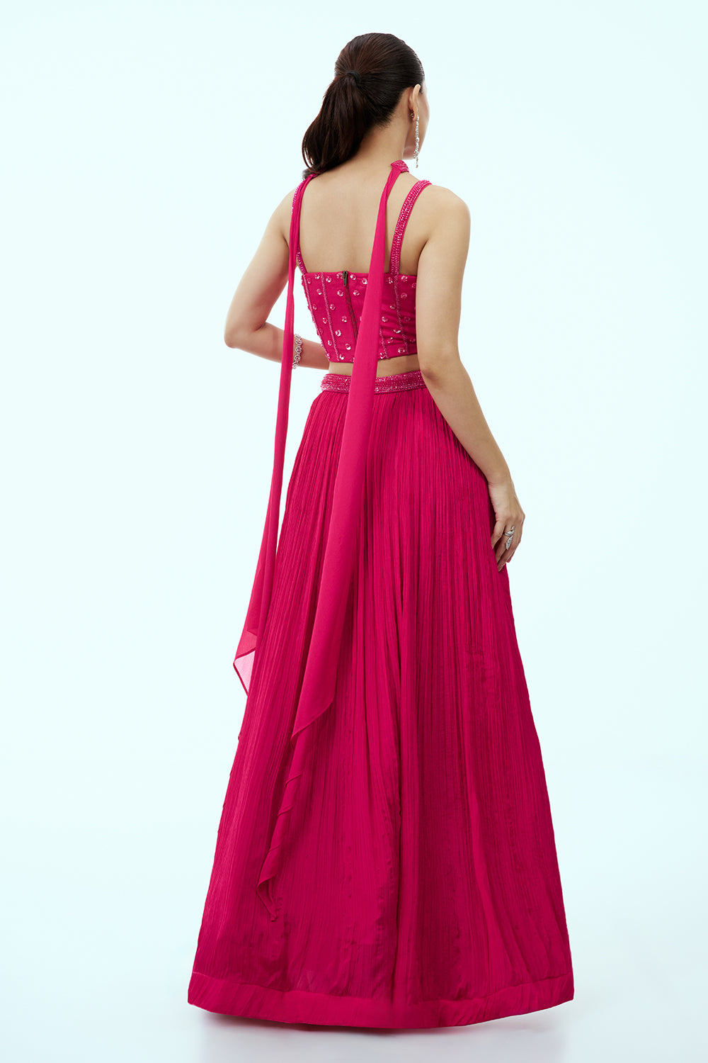 Rani Pink Crepe Lehenga with Hand Embroidered Corset Blouse