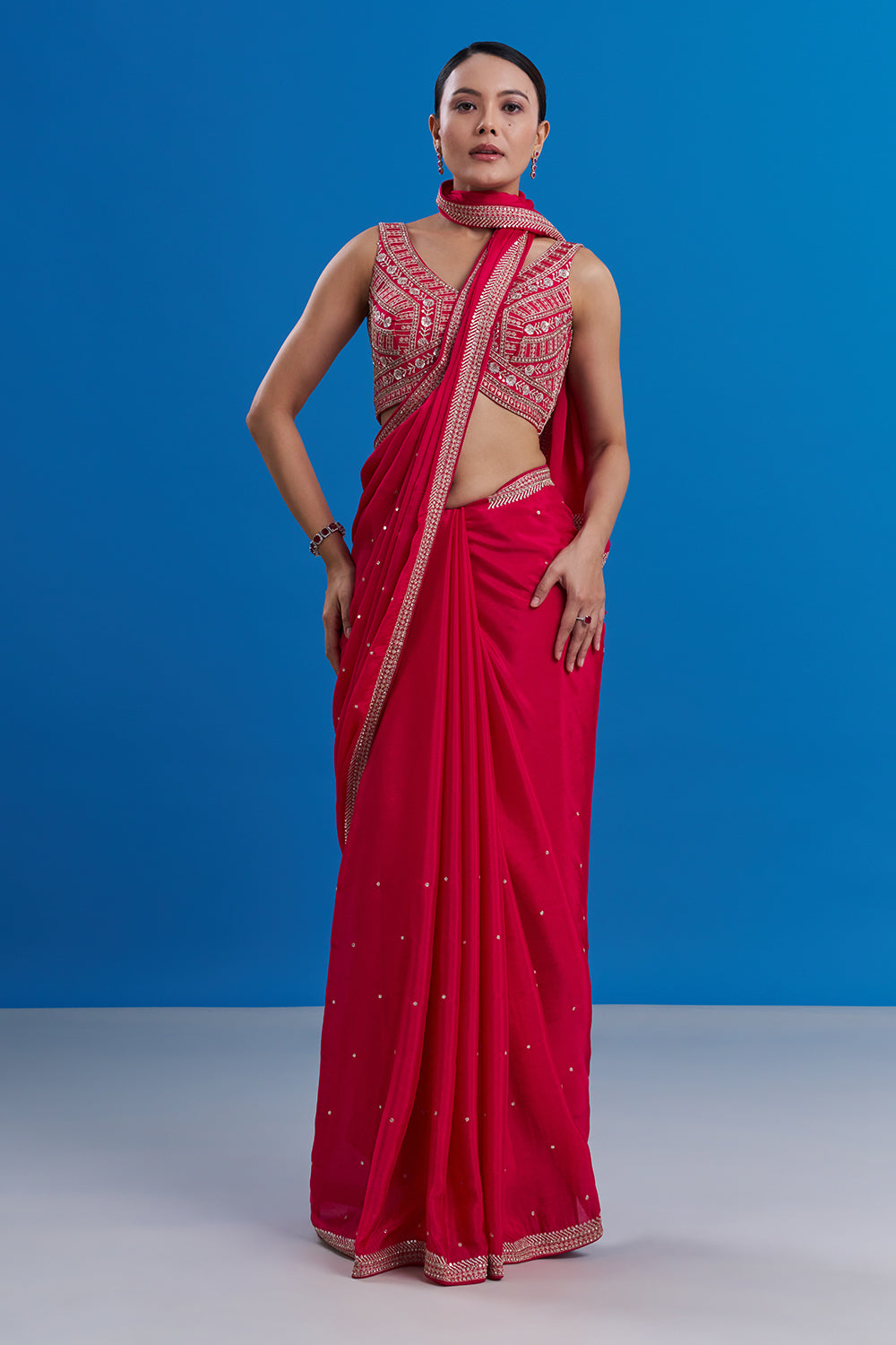 Rani Pink Crepe Saree with Butti Work And Stitched Blouse