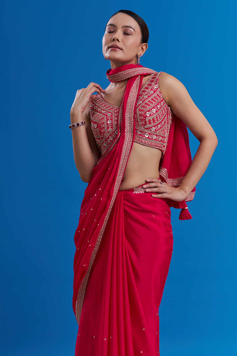 Rani Pink Crepe Saree with Butti Work And Stitched Blouse