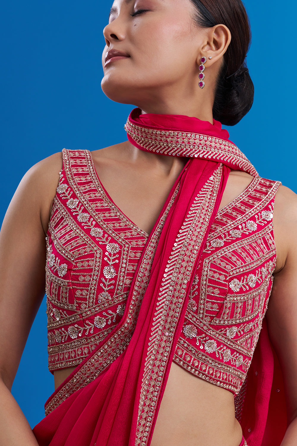 Rani Pink Crepe Saree with Butti Work And Stitched Blouse