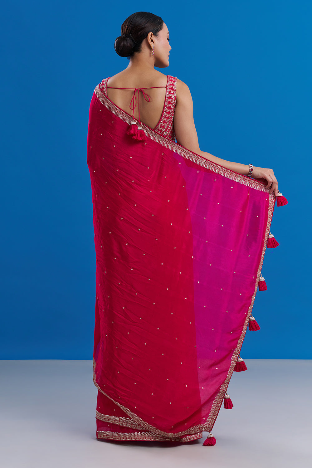 Rani Pink Crepe Saree with Butti Work And Stitched Blouse
