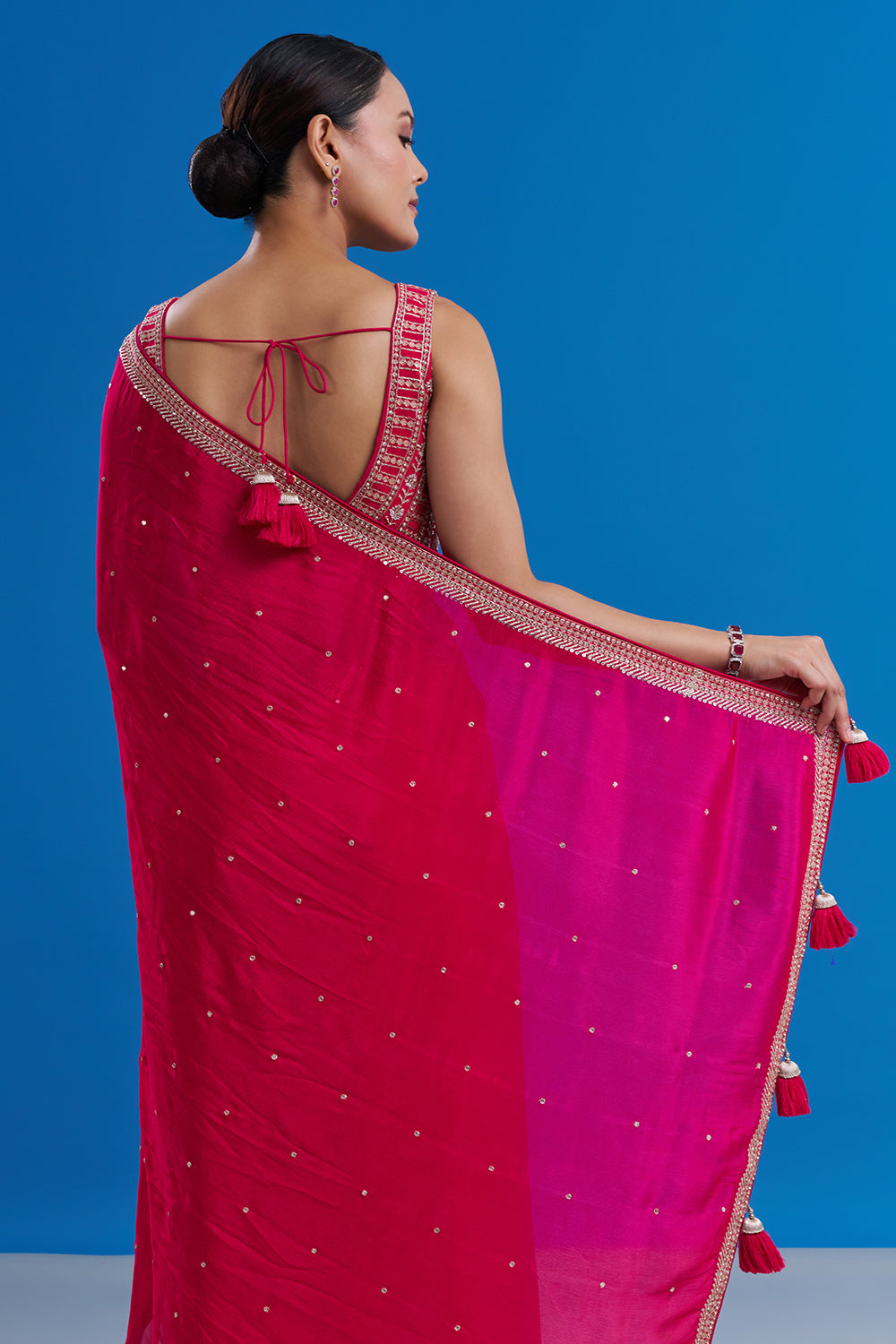 Rani Pink Crepe Saree with Butti Work And Stitched Blouse
