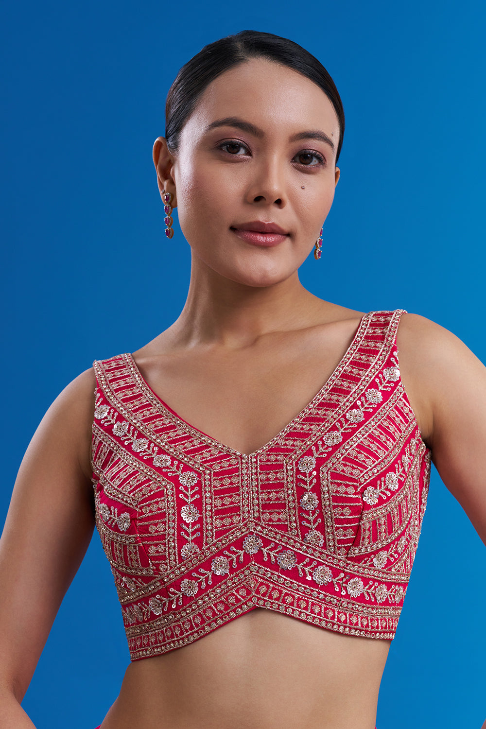 Rani Pink Crepe Saree with Butti Work And Stitched Blouse