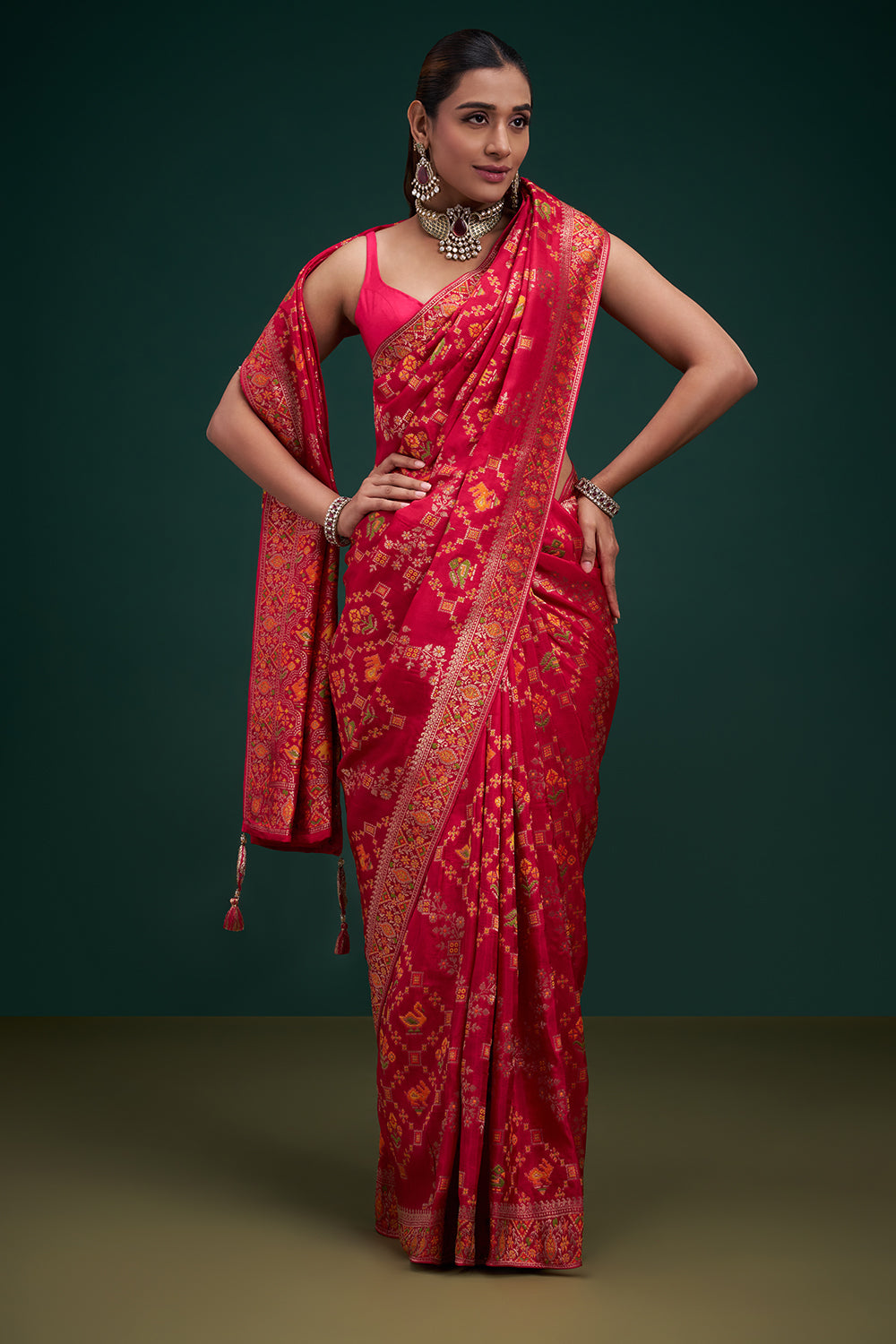 Rani Pink Dola Silk Patola Print Saree with Unstitched Blouse