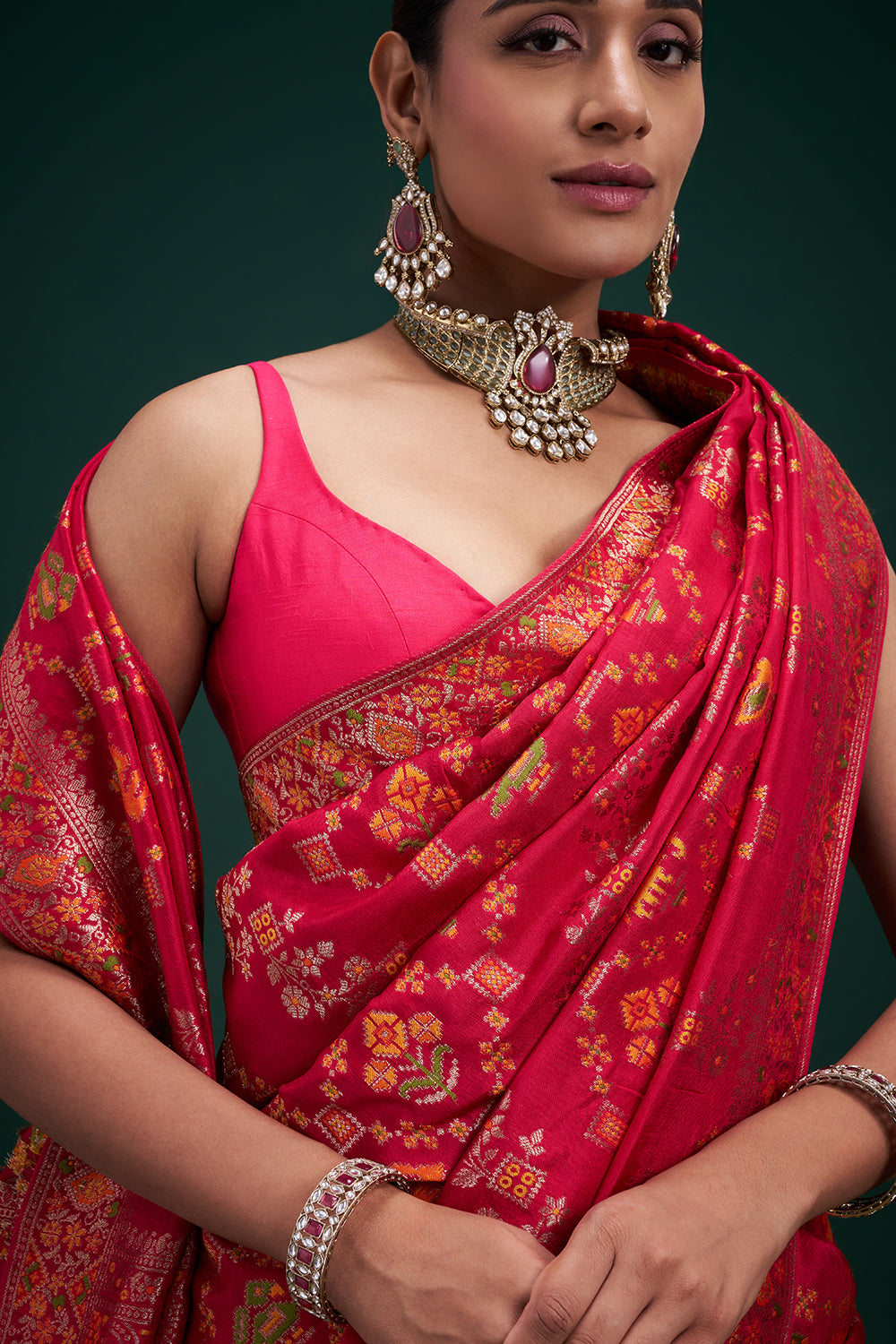 Rani Pink Dola Silk Patola Print Saree with Unstitched Blouse