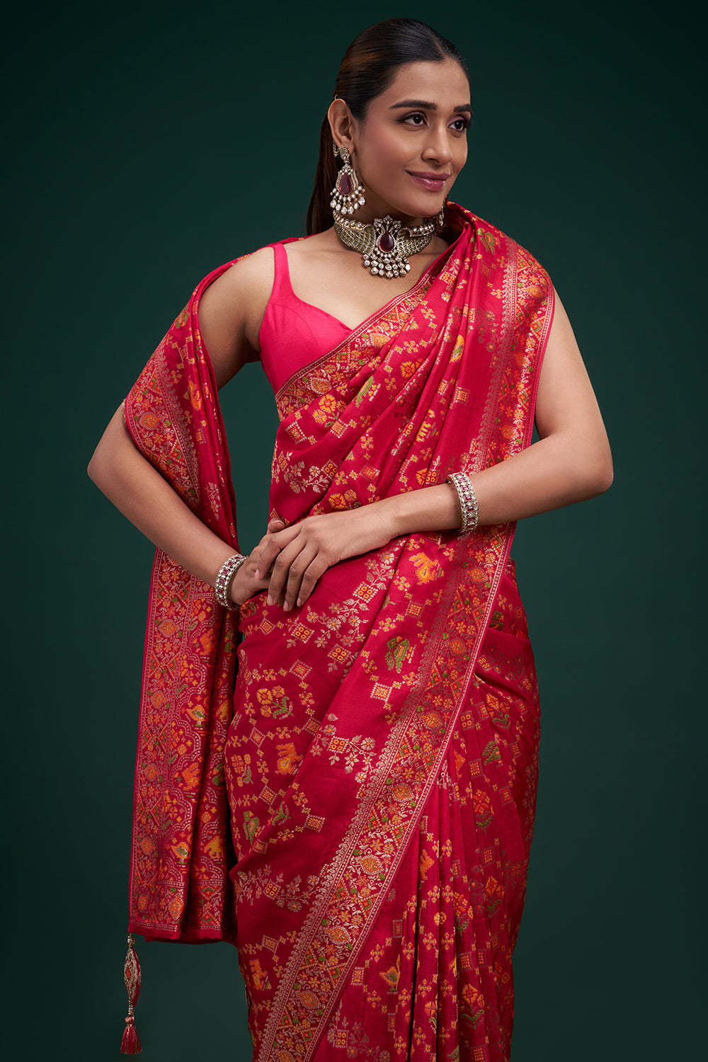 Rani Pink Dola Silk Patola Print Saree with Unstitched Blouse