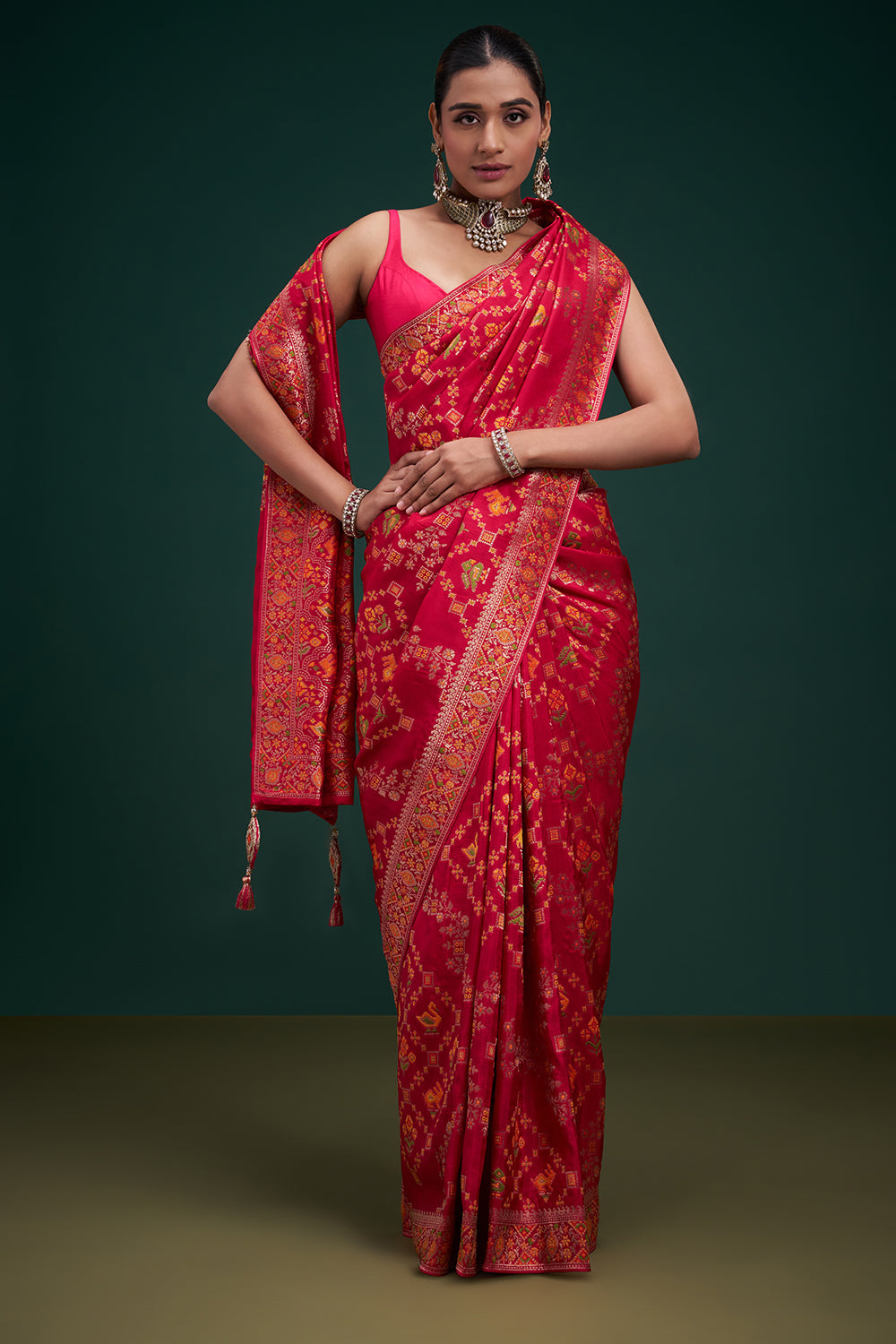 Rani Pink Dola Silk Patola Print Saree with Unstitched Blouse