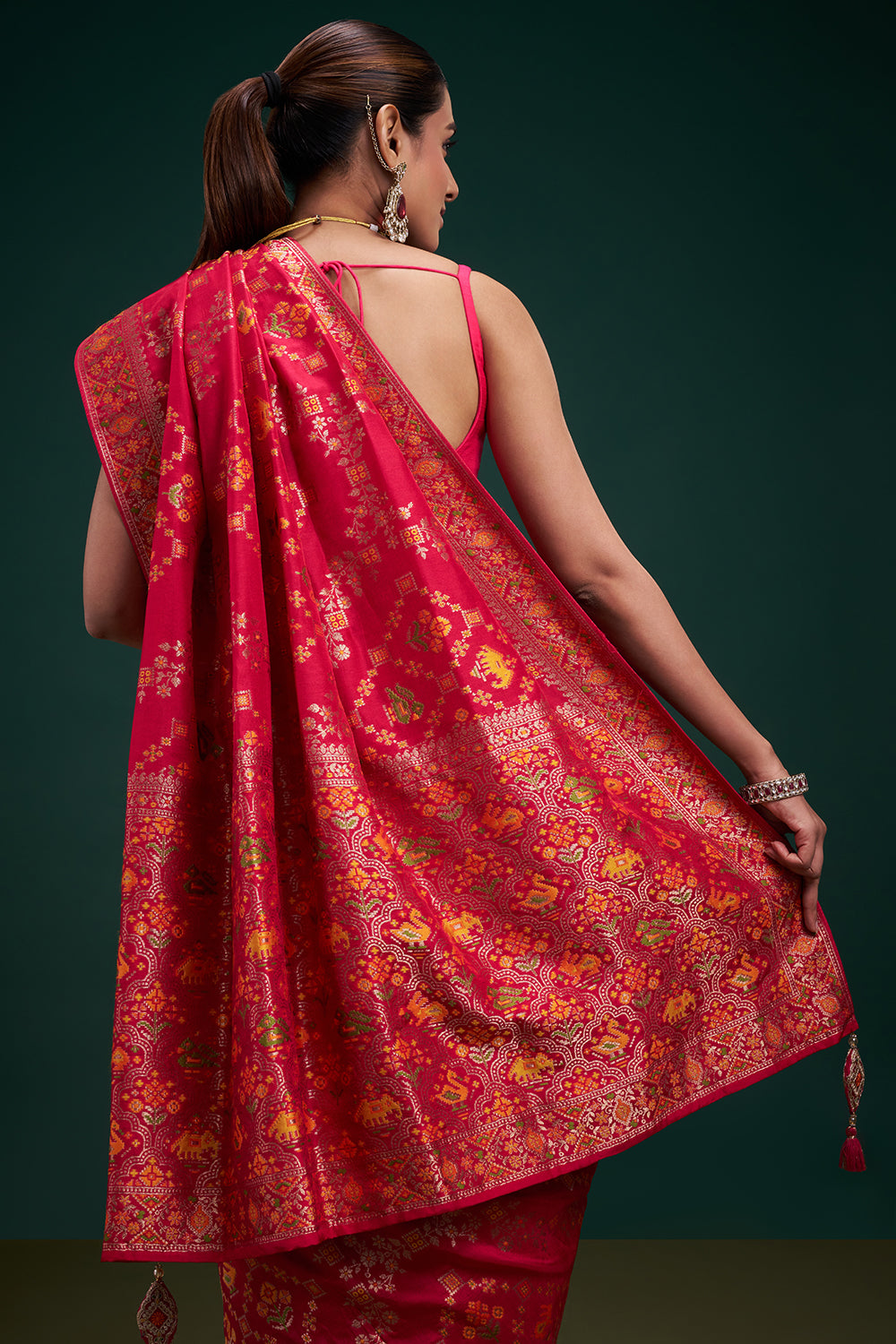 Rani Pink Dola Silk Patola Print Saree with Unstitched Blouse
