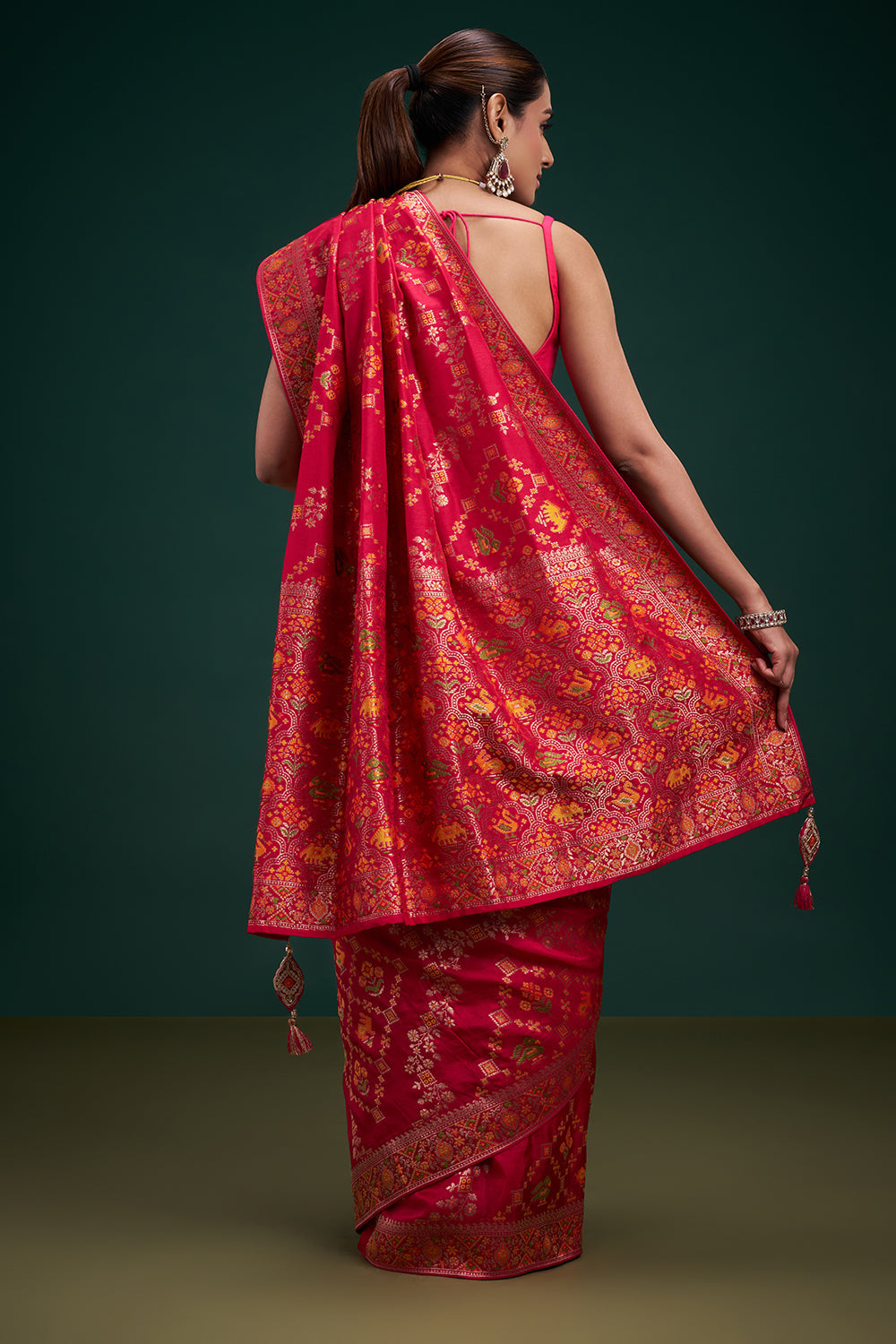 Rani Pink Dola Silk Patola Print Saree with Unstitched Blouse