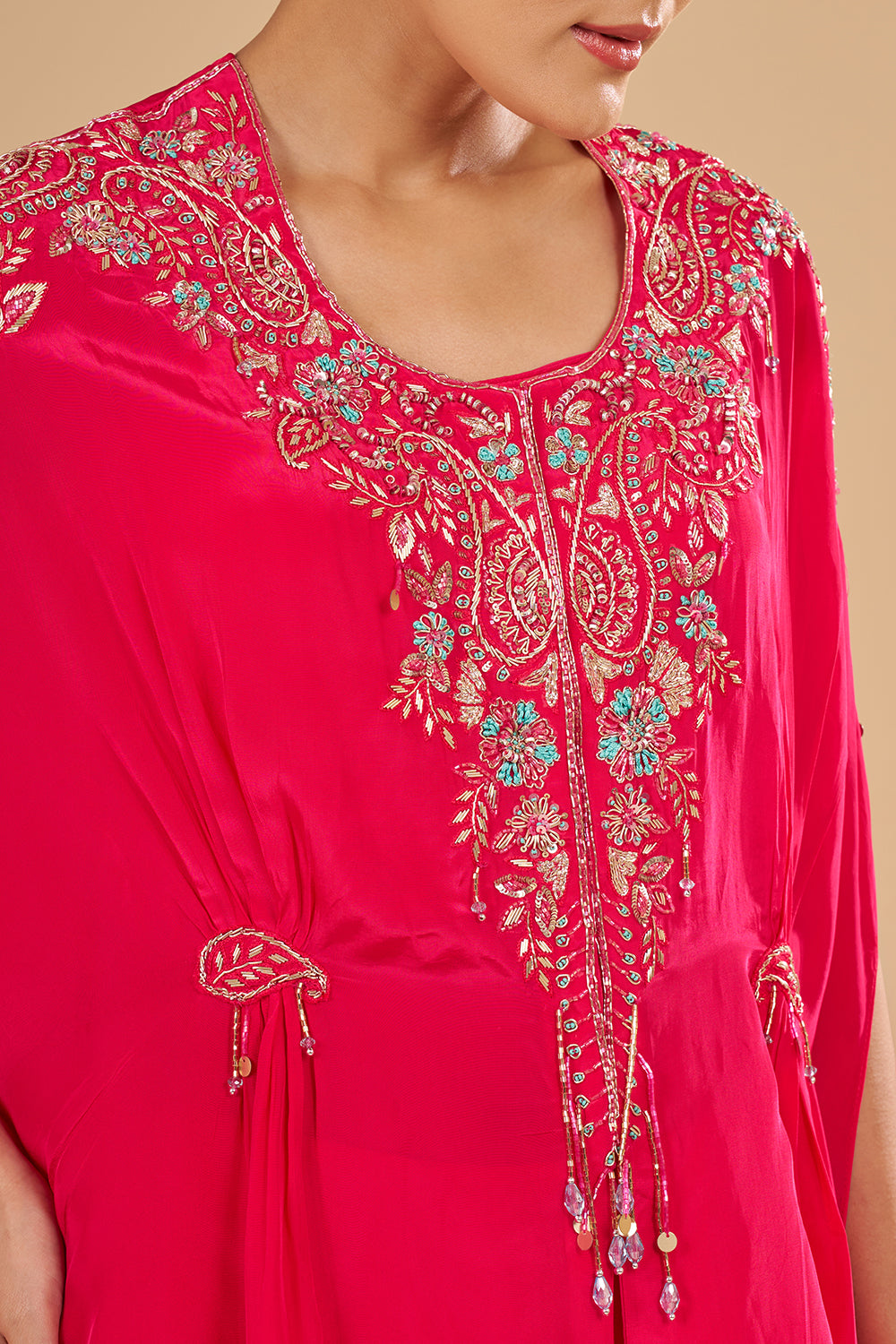 Rani Pink Embroidered Cape Sharara Set with Thread Embroidery