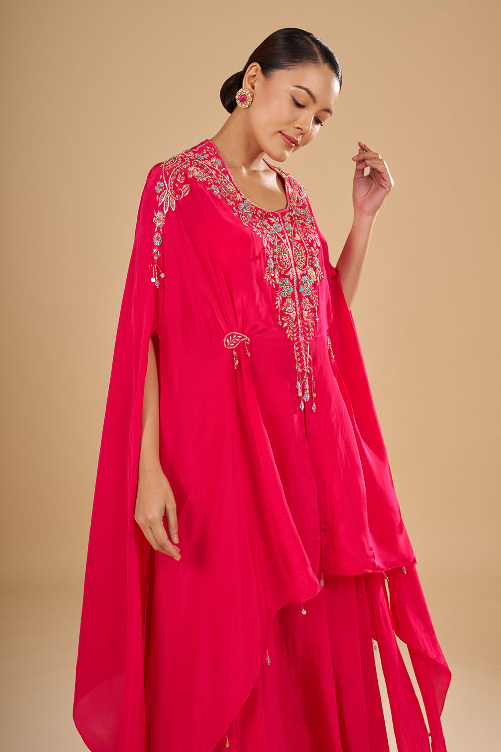Rani Pink Embroidered Cape Sharara Set with Thread Embroidery