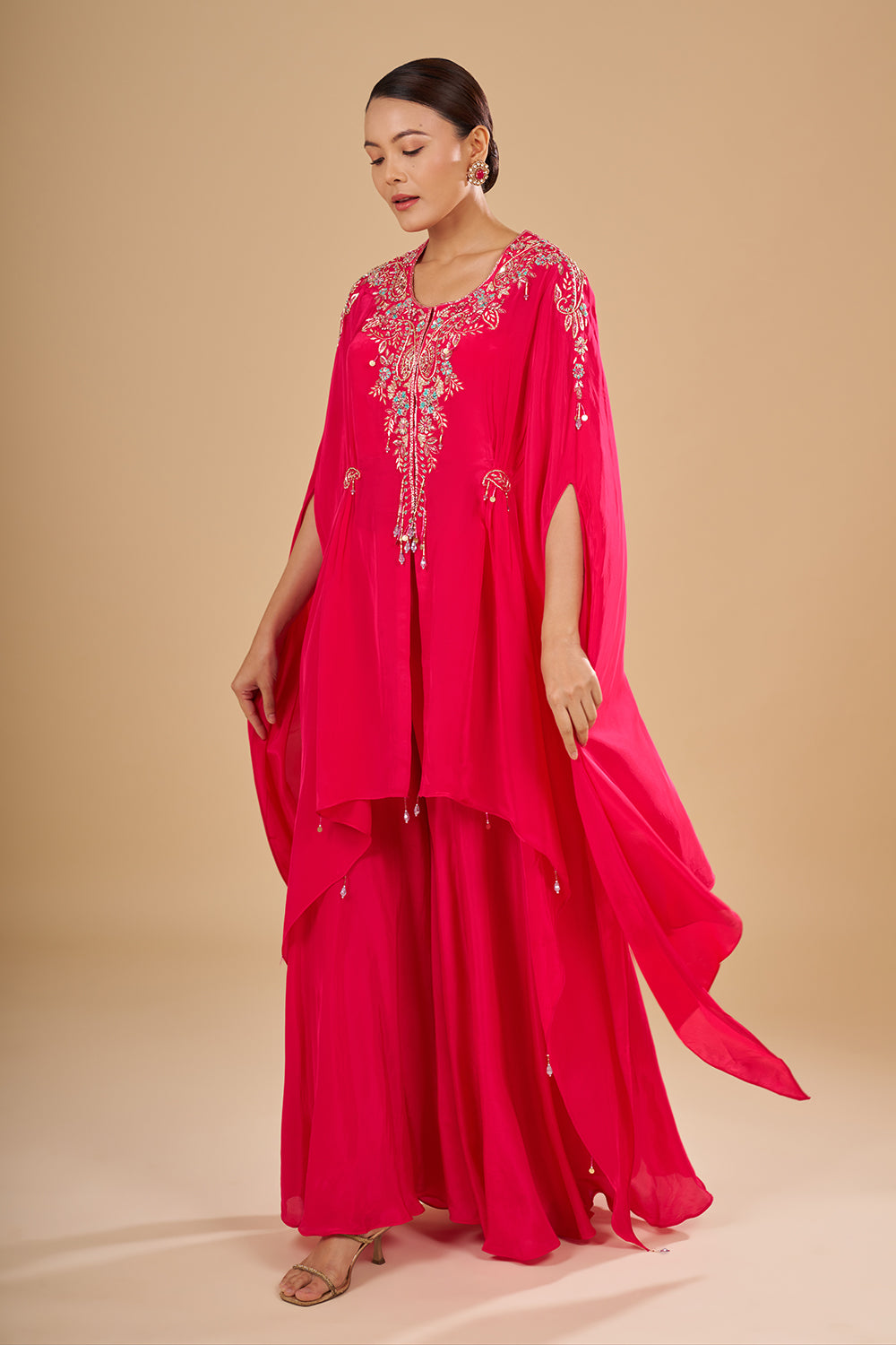 Rani Pink Embroidered Cape Sharara Set with Thread Embroidery