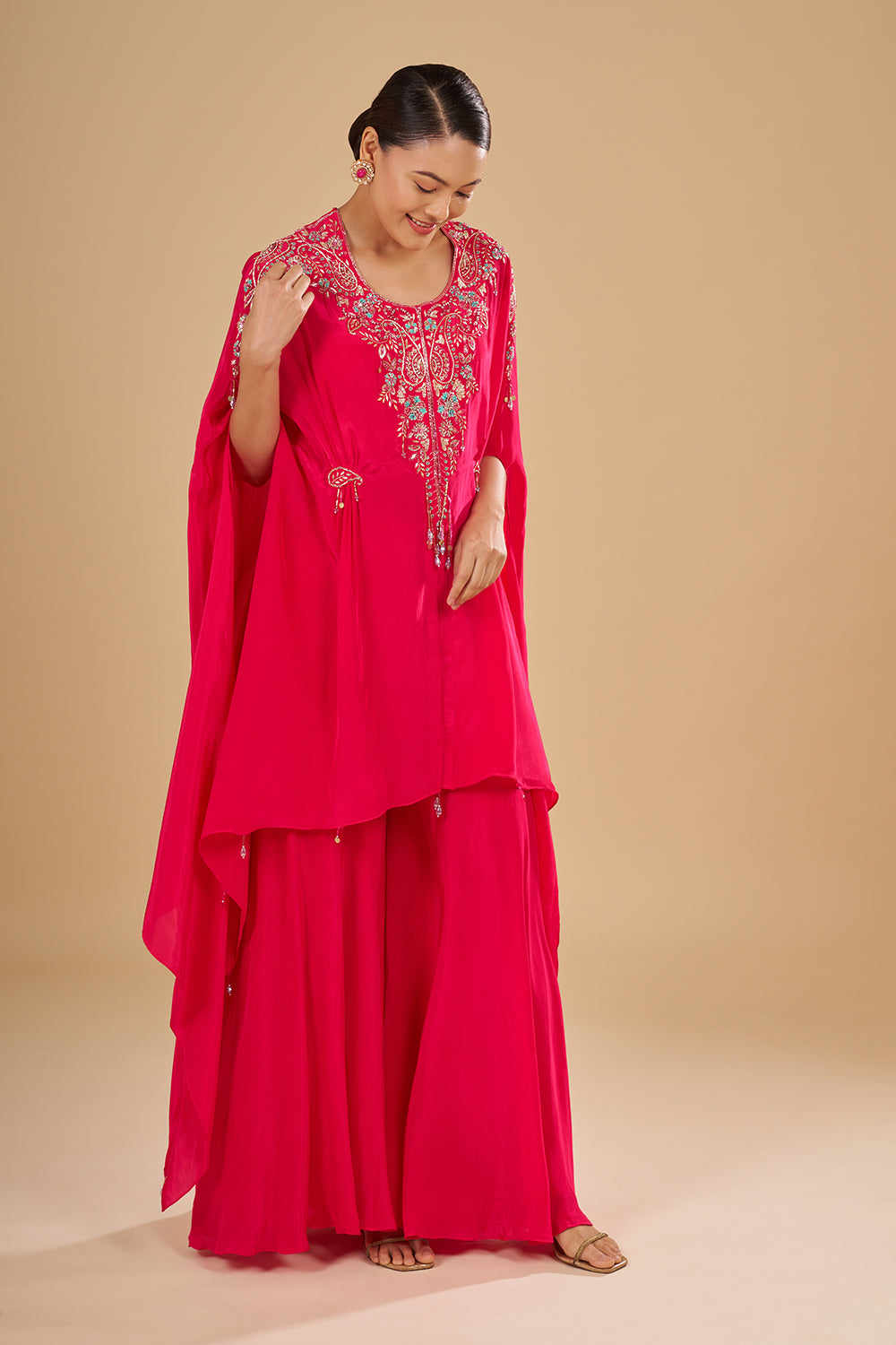 Rani Pink Embroidered Cape Sharara Set with Thread Embroidery
