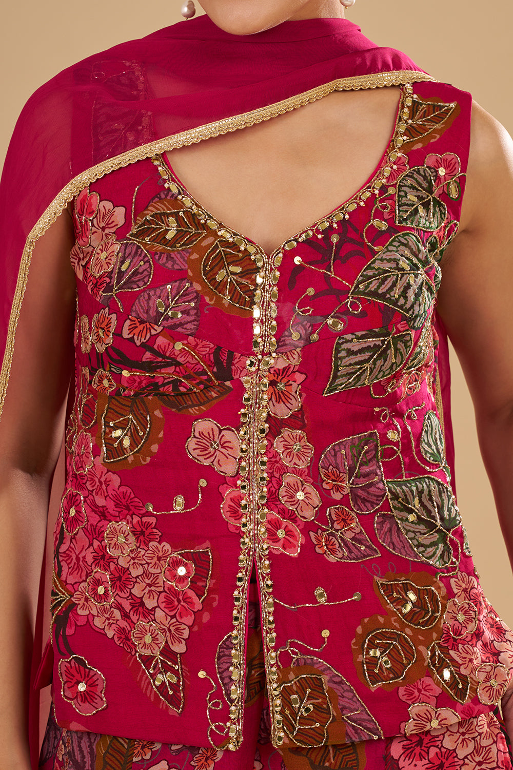 Rani Pink Floral Printed Crop Top Set with Cut Dana and Mirror Work