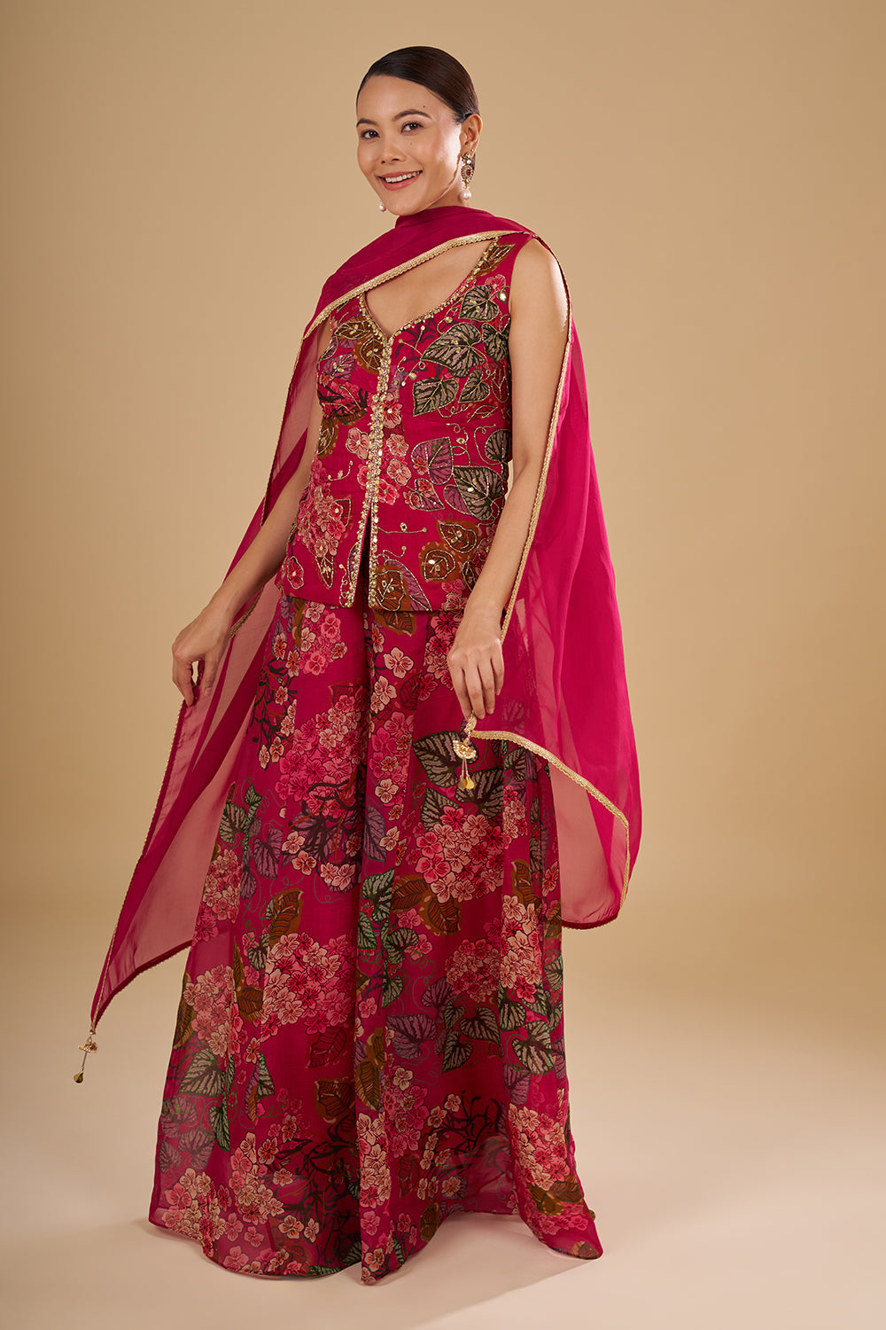 Rani Pink Floral Printed Crop Top Set with Cut Dana and Mirror Work