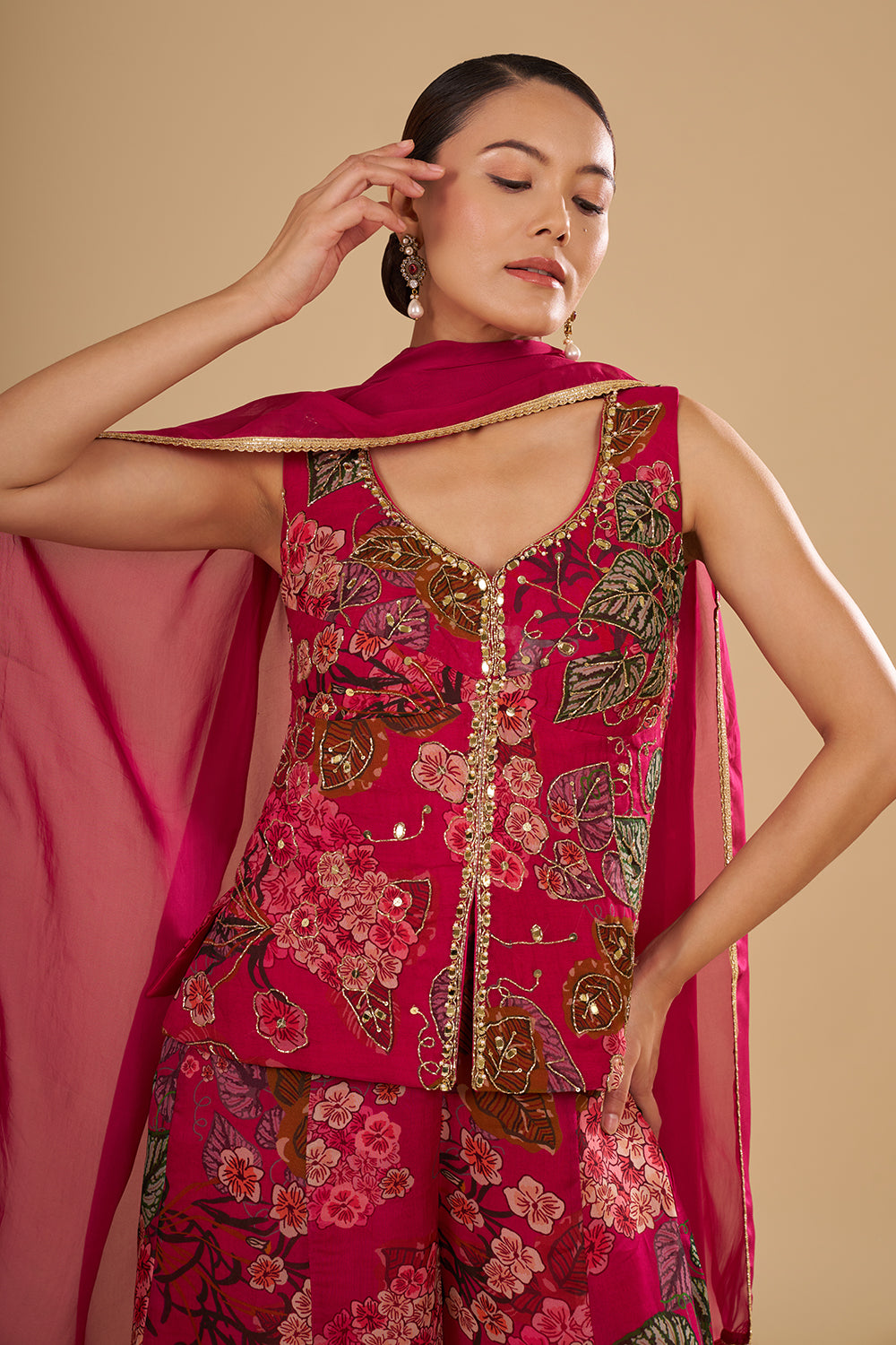 Rani Pink Floral Printed Crop Top Set with Cut Dana and Mirror Work