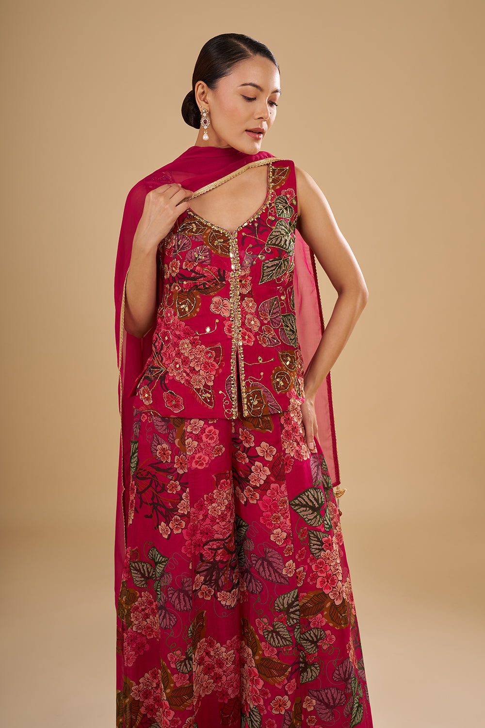 Rani Pink Floral Printed Crop Top Set with Cut Dana and Mirror Work