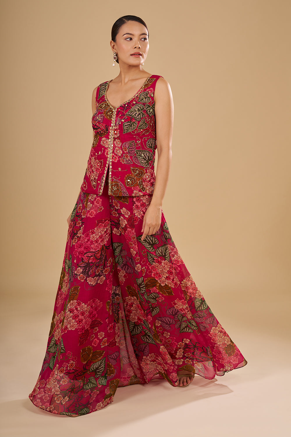 Rani Pink Floral Printed Crop Top Set with Cut Dana and Mirror Work