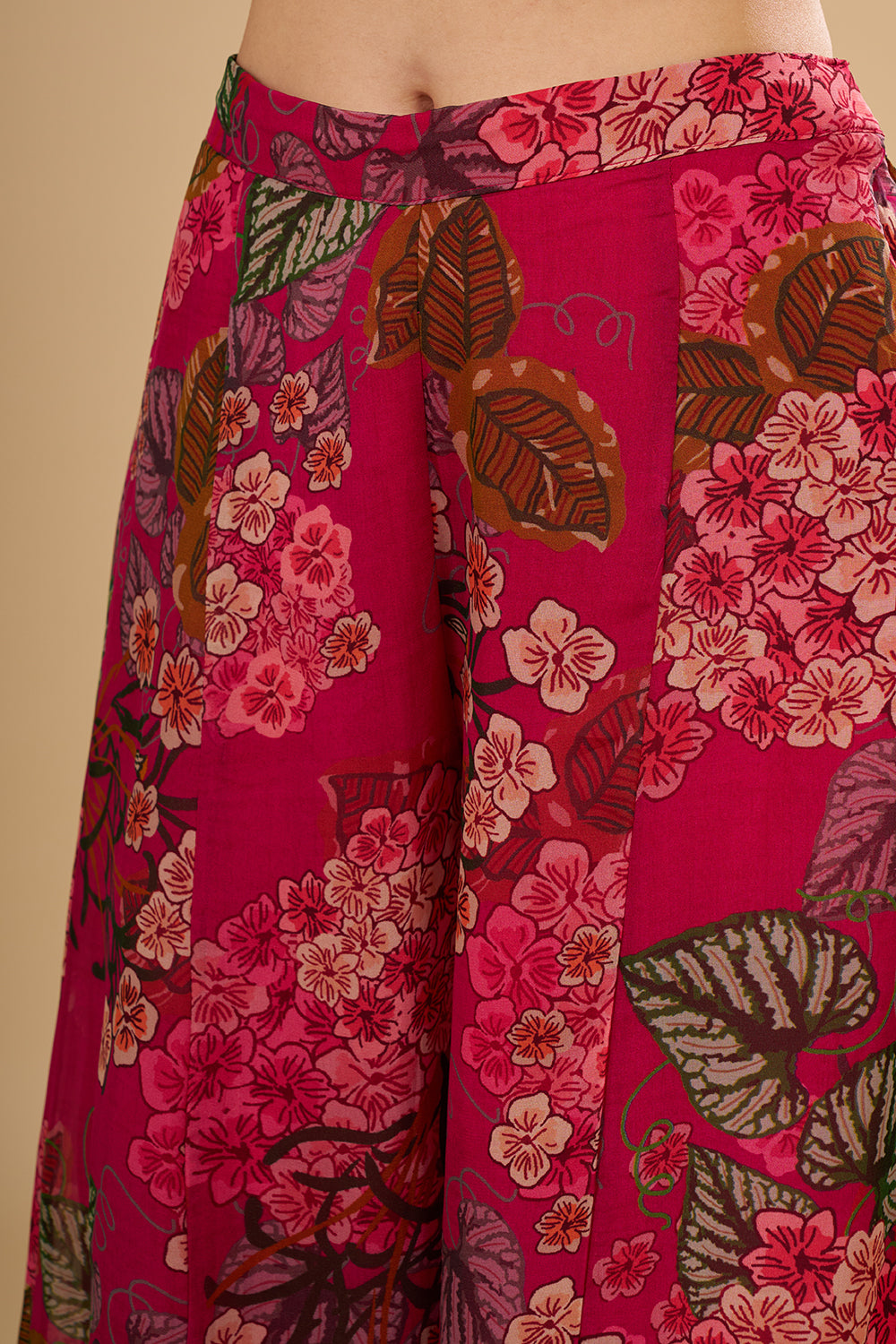 Rani Pink Floral Printed Crop Top Set with Cut Dana and Mirror Work