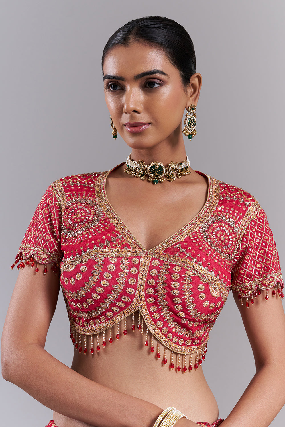 Rani Pink Georgette Embellished Saree And Stitched Blouse