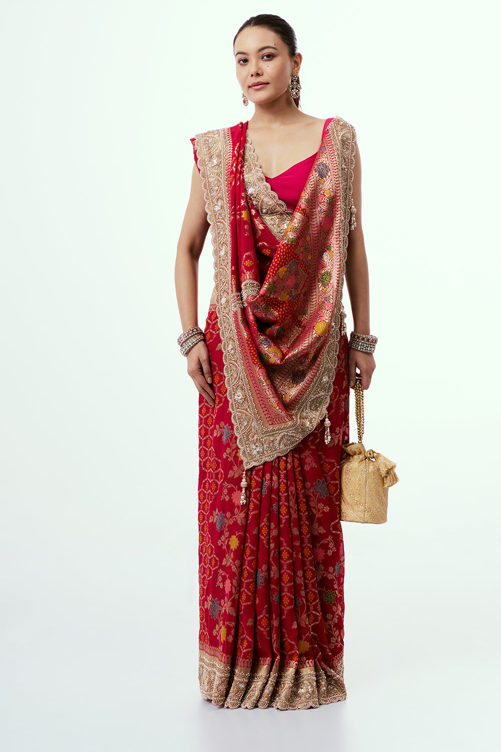 Rani Pink Georgette Saree with Scalloped Pearl Border